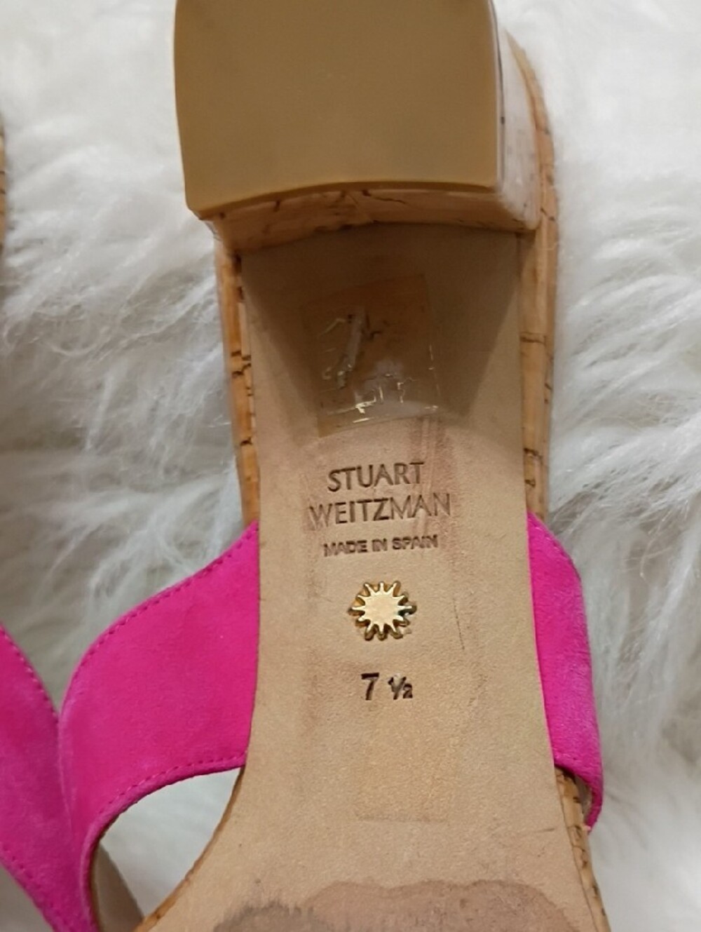Stuart Weitzman Brigida Fuchsia Cork Block Heel Thong Mules Sandals 7.5 - Picture 14 of 15